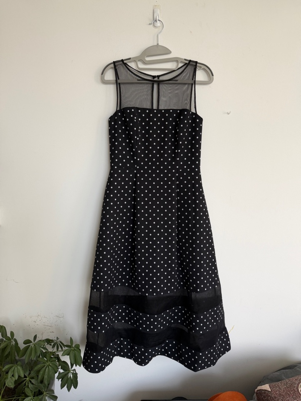 Aidan Mattox Black Polka Dot Crepe Mesh Yoke Fit & Flare A-line Dress